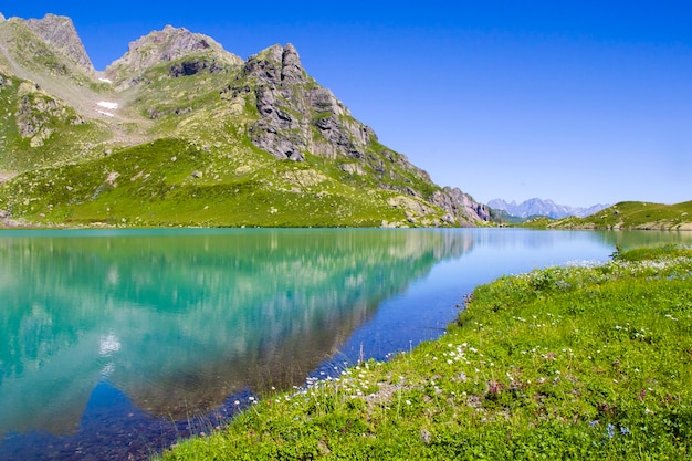 Alpine mountain lake landscape and view, blue beautiful and amazing lake panorama