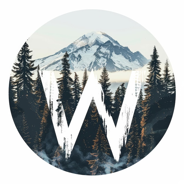 Alpine mountain landscape with letter W in the center of a circle