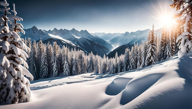 Alpine mountain snowy winter fir forest with snowdrifts