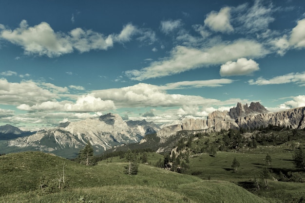 Alpine mountains on a clear sunny day. Vintage style