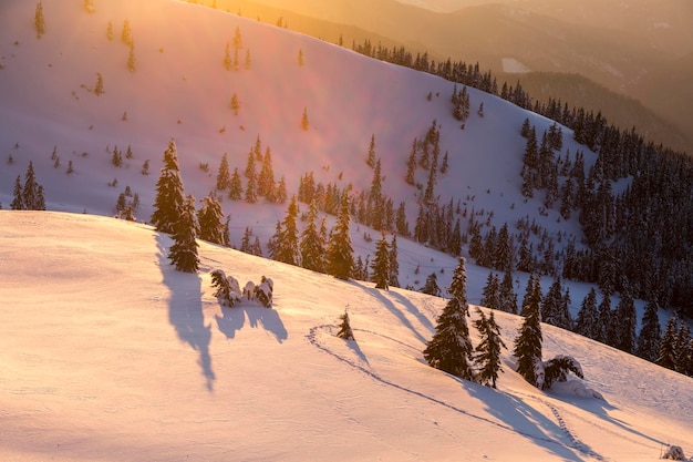 Alpine mountains landscape with white snow and blue sky Sunset winter in nature