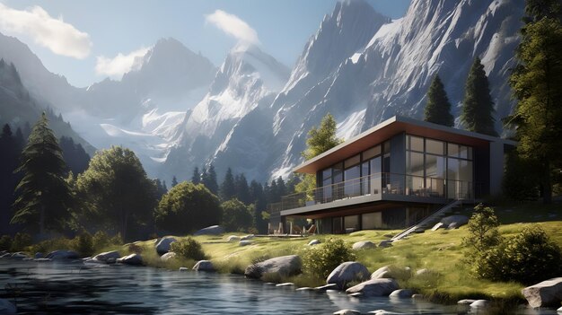 Alpine Oasis Minimalistic House Surrounded by Peaks in SuperDetailed Rendering