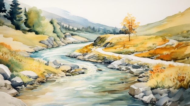 Photo alpine river a stunning watercolor landscape in aquamarine and amber