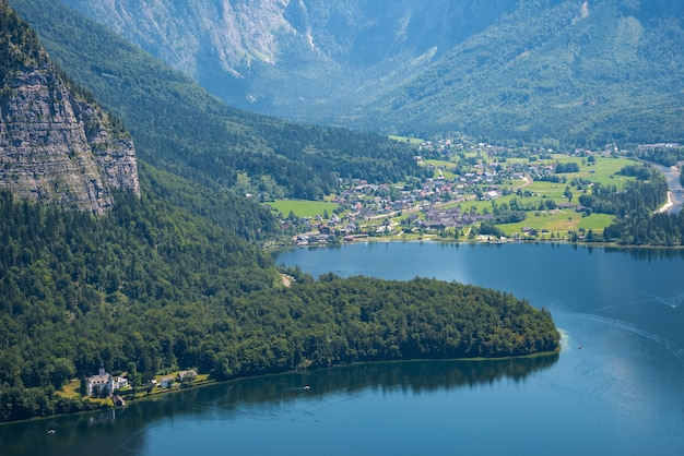 alpine scenery and lake hallstatt in austrian alps, salzkammergut, austria