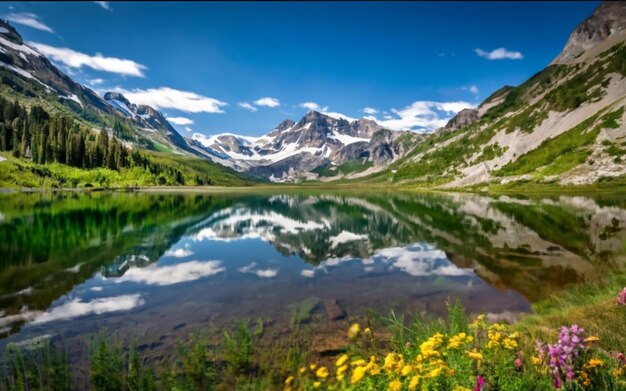 Alpine Serenity CrystalClear Lake Amidst SnowCapped Peaks