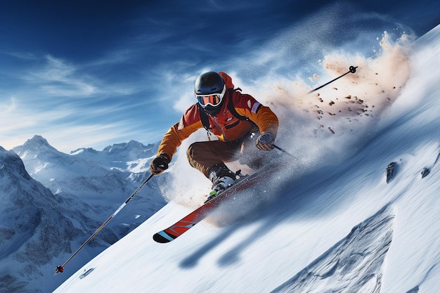 Alpine Soar Skier in Flight Amidst Snowy Peaks