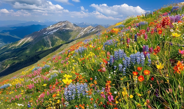 Photo alpine splendor vibrant wildflowers on mountain ridge