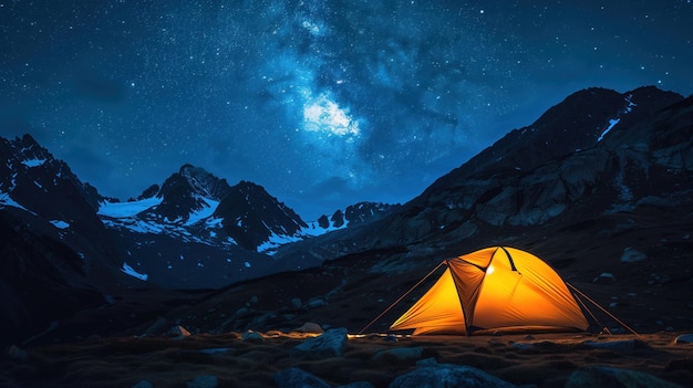 Alpine Starlight Camp In the embrace of alpine peaks a tent radiates warmth under the breathtaking expanse of a starfilled sky capturing the essence of highaltitude camping