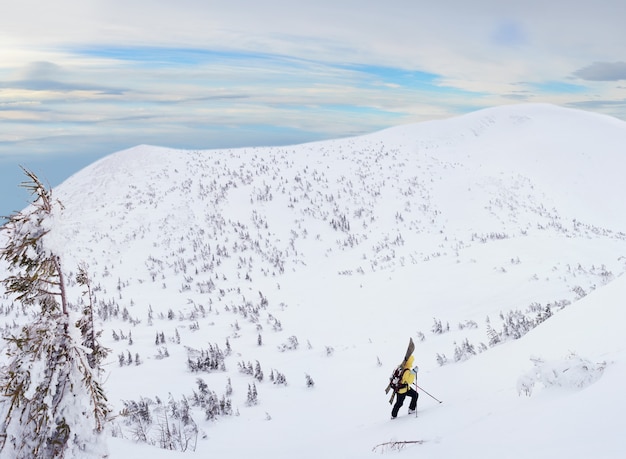 Alpine touring skier hiking in winter mountains. Carpathians, Ukraine.