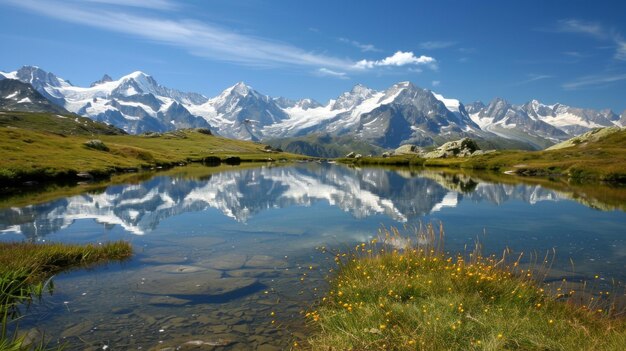 Alpine wonderland A pristine alpine lake reflects the snowcapped peaks of surrounding mountains untouched by human intervention