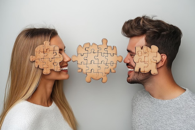 ALS Logical A couple facing each other with puzzle pieces on their faces symbolizing the complexity