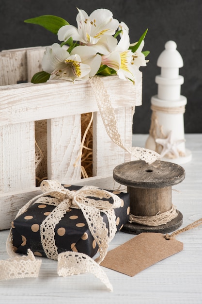 Alstromeria flowers in the wooden box, gift