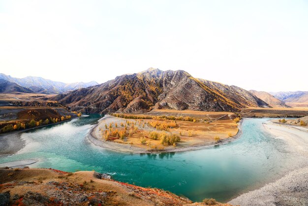 Altai mountain river landscape, panoramic scenery turquoise stream