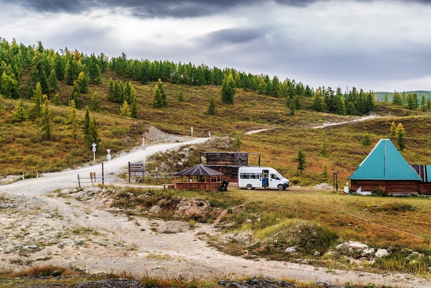 Altai, Russia. Roadside cafe on KatuYaryk pass. Autumn mountain landscape