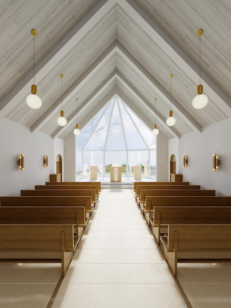 Altar and interior of the catalytic church with wooden benches and a large atrium window