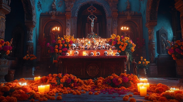 Photo a altar with candles and flowers in front of a church