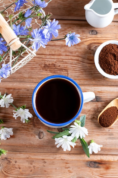 Alternative to coffee Healthy drink chicory Chicory coffee in a cup on a table Copy space view from above