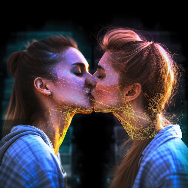 Alternative looking modern teenage lesbian couple kissing at school generative ai