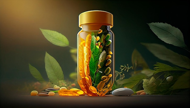 Photo alternative medicine herbal organic capsules with vitamin e omega 3 fish oil minerals and drugs with herbal leaves are natural supplements for a healthy happy life generative ai