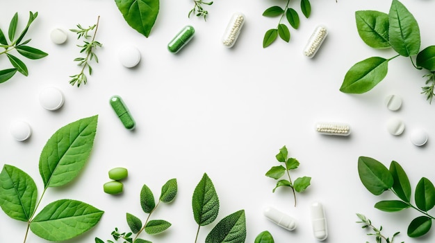 Alternative Medicine Pills and Green Leaves Isolated