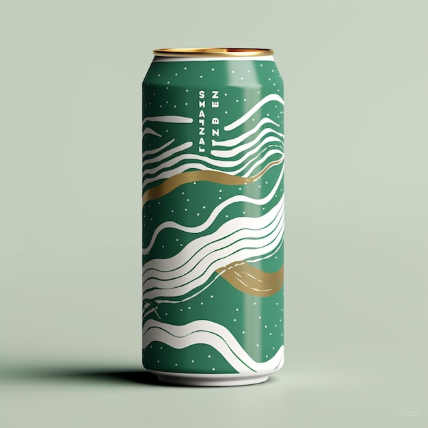 Aluminum can mockup with golden pattern on green background 3d rendering