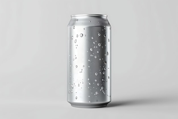 Photo aluminum can with water drops on grey background