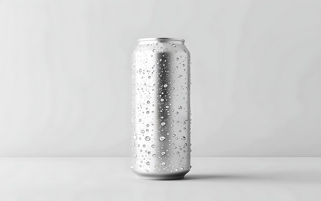 Photo aluminum can with water drops on grey background