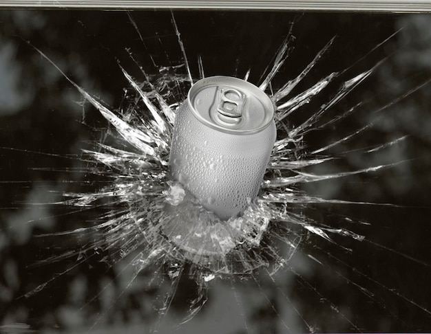 Aluminum cans burst through broken glass