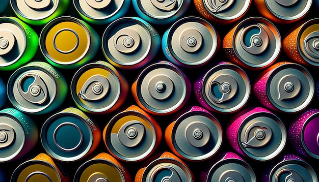 Aluminum cans of various drinks neatly organized in rows are seen from above The gleaming cans catch the light each with a striking Generative AI design