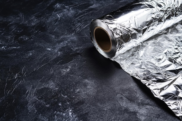 Photo aluminum foil roll closeup of crumpled foil on dark grey background