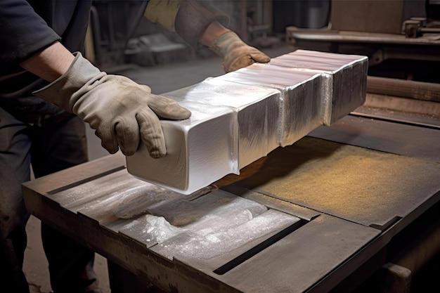 Aluminum ingot being rolled into its final shape by a mill created with generative ai