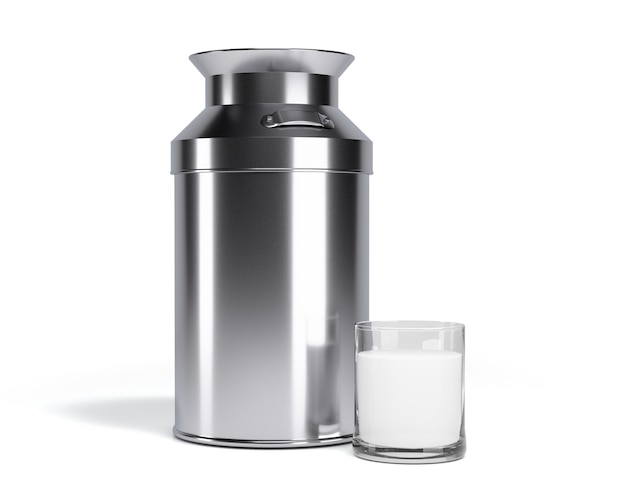 Aluminum milk container with glass of milk