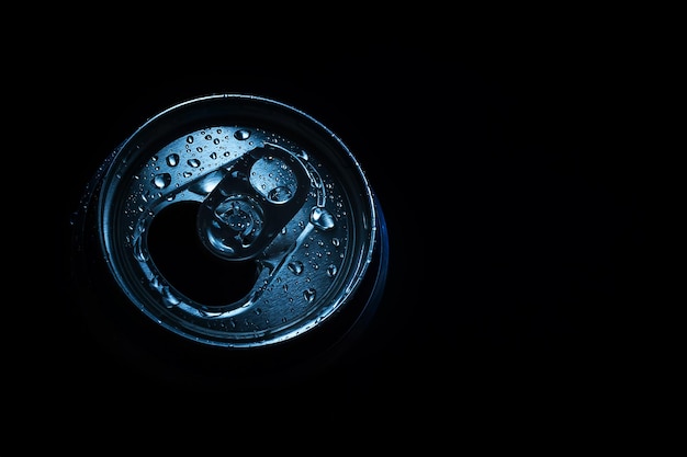 Aluminum soda can on a black background