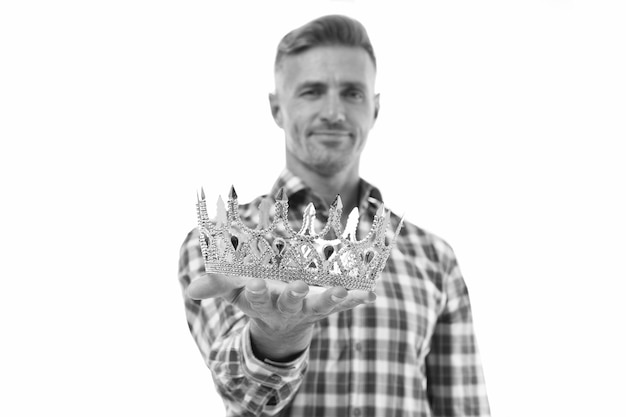 Always wear your crown Crown selective focus Handsome man give crown isolated on white Getting reward Crowning glory Glory and ambitions King crown Royal coronate symbol Big boss