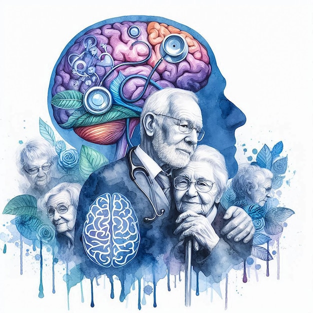 Alzheimers disease awareness Alzheimers symptoms Alzheimers research watercolor illustration