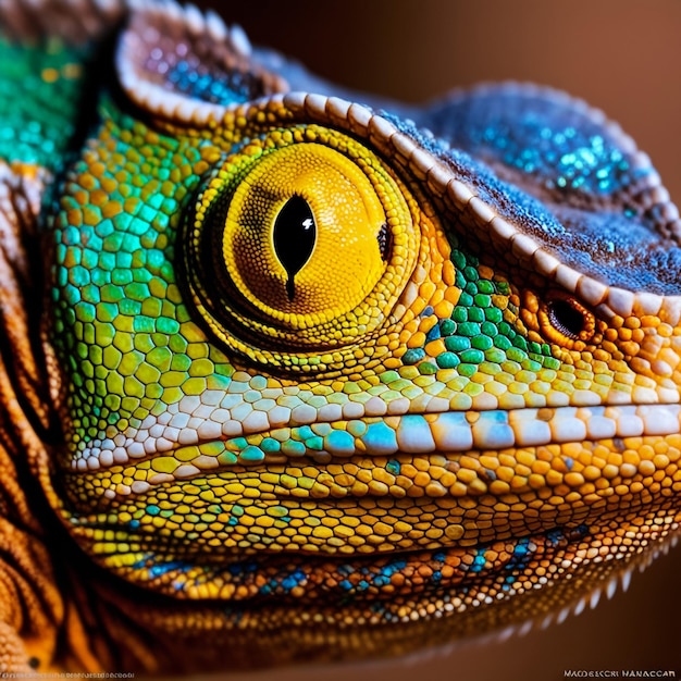 Amale veiled chameleon Chamaeleo calyptratus extreme close up natural bokeh background