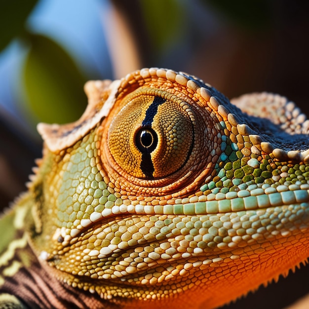 Photo amale veiled chameleon chamaeleo calyptratus extreme close up natural bokeh background