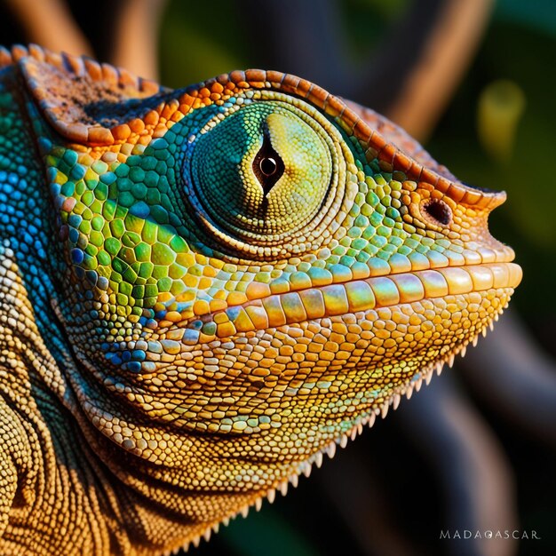 Amale veiled chameleon Chamaeleo calyptratus extreme close up natural bokeh background