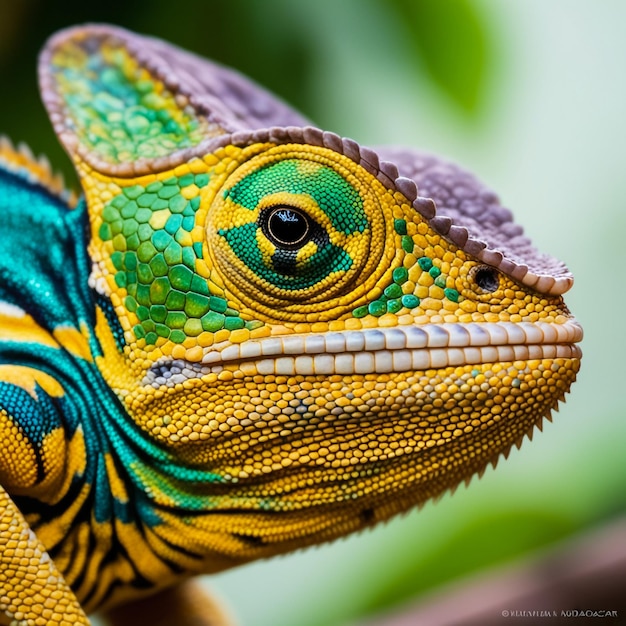 Amale veiled chameleon Chamaeleo calyptratus extreme close up natural bokeh background