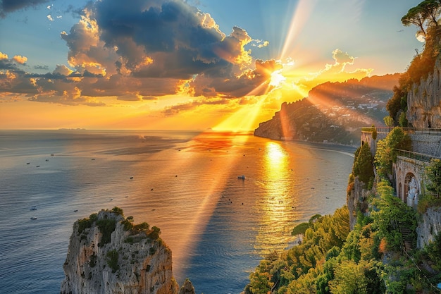 The Amalfi coast cliffs at sunset with beams of light