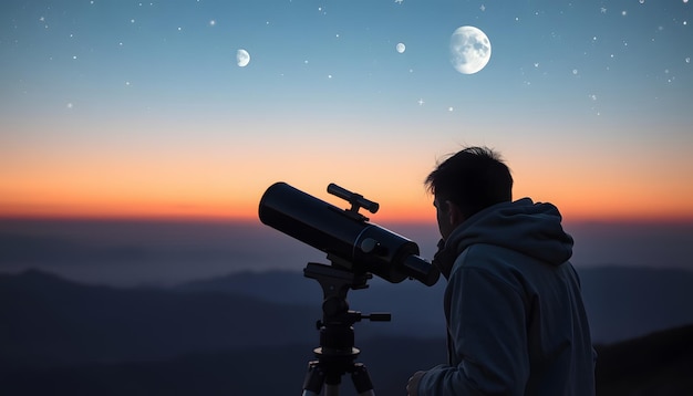 Photo amateur astronomer looking at the evening skies observing planets stars moon and other celestial