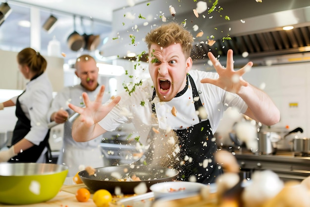 Amateur chef in chaotic kitchen with ingredients splattered and burnt dish looking shocked and amuse