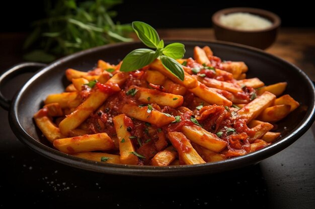 Photo amatriciana with golden garlic chips