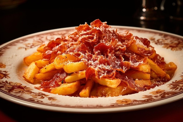 Photo amatriciana with golden garlic chips