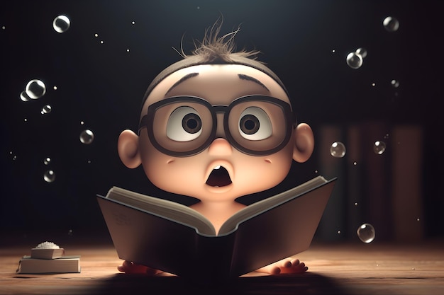 Amazed cartoon character reading a book with a book in the middle