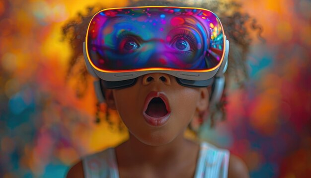 Photo amazed child wearing virtual reality headset