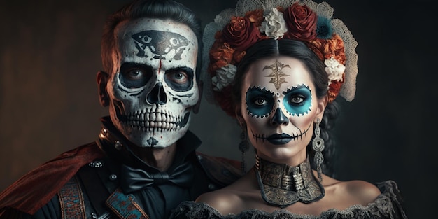 Amazed guy and girl with painted faces for halloween look in fright shot of couple in national mexican costumes