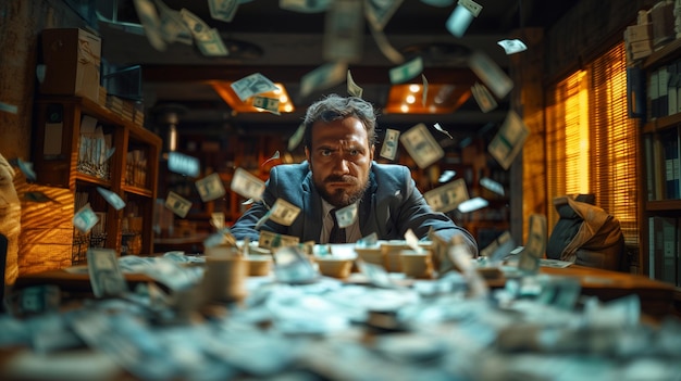 An amazed man in an office is overwhelmed by falling dollars