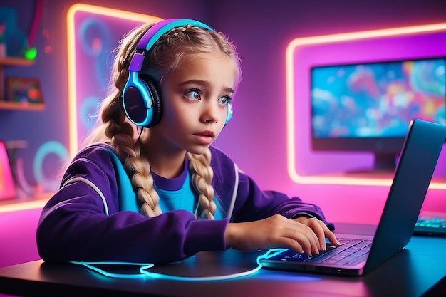 Amazed shocked cute preteen blonde girl with two braids using laptop with shining