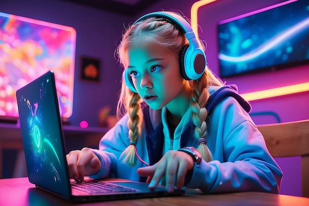 Amazed shocked cute preteen blonde girl with two braids using laptop with shining